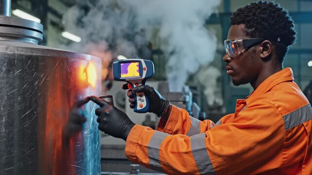 Technician uses thermal imaging camera to inspect heated industrial pipe for temperature monitoring. Technician scans metal cylinder with thermal camera showing heat map for quality control and safety