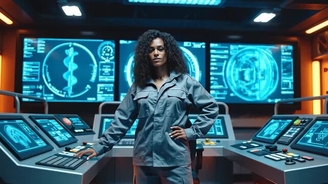 A scientist stands confidently in a high-tech control room surrounded by advanced monitors displaying complex data. She focuses on her groundbreaking work, showcasing her expertise