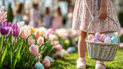 Children enjoy an Easter egg hunt in a vibrant garden filled with tulips, celebrating the joy and traditions of Easter.