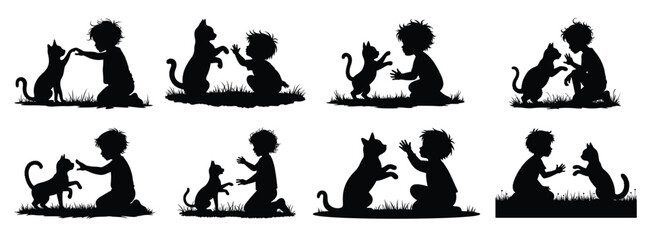 Silhouette child playing with cat in grass girl