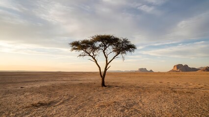 Solitary Tree in Vast Desert Landscape at Sunset.