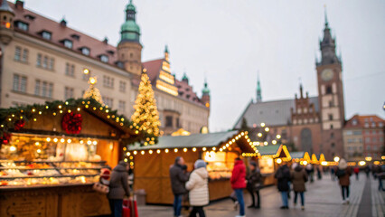Obraz premium Blurry image and Bokeh Christmas market at old town hall square festive holiday bazaar seasonal celebration venue winter shopping event historical architecture backdrop defocused market stalls