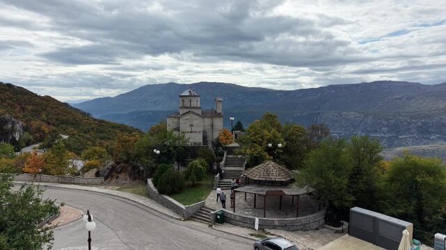 Drone footage flying over Ostrog Monastery in Montenegro