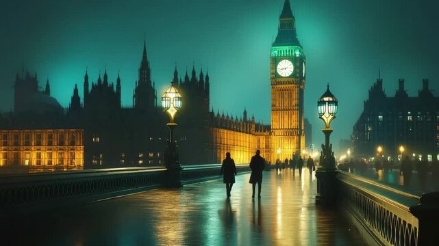 Big Ben's Evening Silhouette: Majestic Big Ben stands tall against a twilight sky, its illuminated clock face and surrounding buildings cast a captivating glow, with silhouettes of individuals.