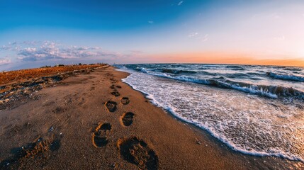 Footprints trail along the sandy shoreline as ocean waves wash onto the coast during sunset