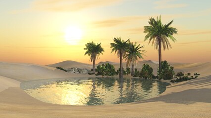 Oasis at sunset in a sandy desert, a panorama of the desert with palm trees,
3d rendering