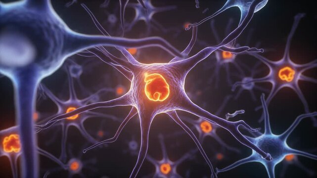 Close-up animation of glowing neurons and brain cells, camera zooms in on interconnected neural network.