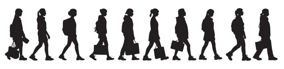 silhouettes of people walking with bags and backpacks 