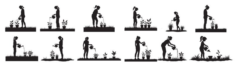 Silhouettes of people watering potted plants person