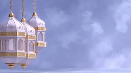Obraz premium Three white lanterns hanging from the ceiling, with a blue sky background