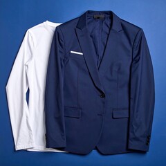Navy suit jacket and white t-shirt laid flat