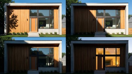 Modern Minimalist House Exterior Design with Wooden and Glass Elements.