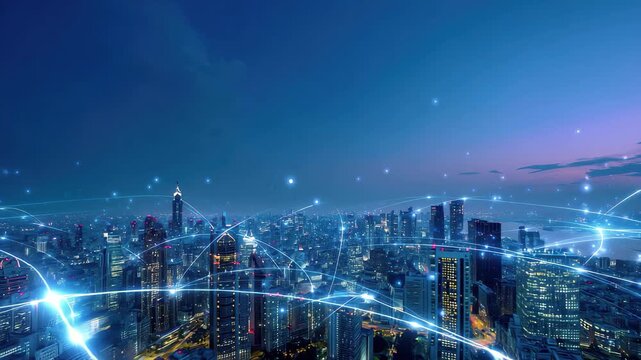 Global network of glowing light connections over a sprawling city at night cityscape urban