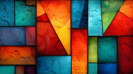 Fototapeta premium Vibrant stained glass abstract geometry mosaic, colorful geometric pattern with textured glass panels, bold shapes and radiant light creating modern art mood