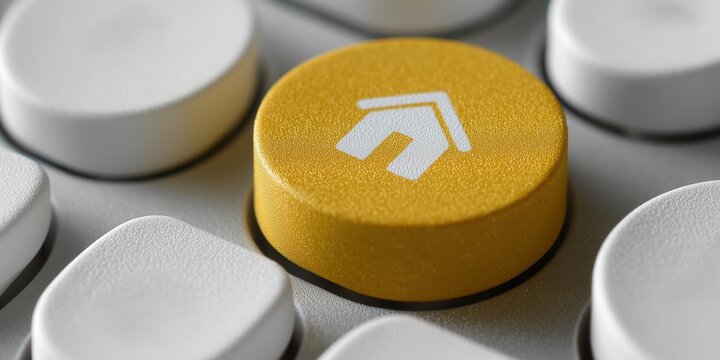 White mechanical keyboard with bright Home key on bright yellow background, minimalism, keyboard buttons. A keyboard with a yellow key on the bottom left. The keyboard has a caps lock key and a shift 