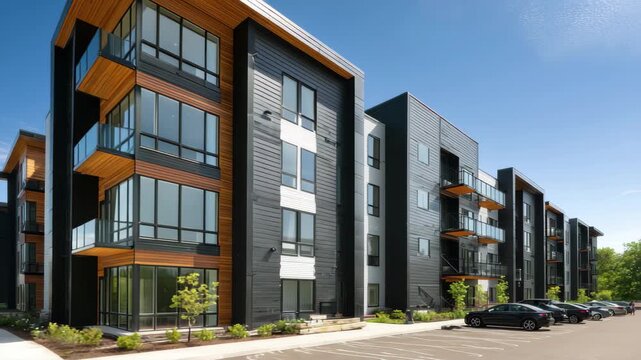 Modern apartment building with balconies and large windows under blue sky modern architecture residential