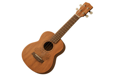 Fototapeta premium Ukulele with decorative rosette design providing acoustic music and sound, isolated on transparent background