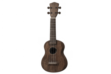 Ukulele, wooden hawaiian string instrument, standing vertically with brown texture on transparent background