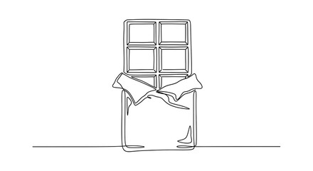 A minimalist line art drawing of a chocolate bar with its wrapper partially open, isolated on white background