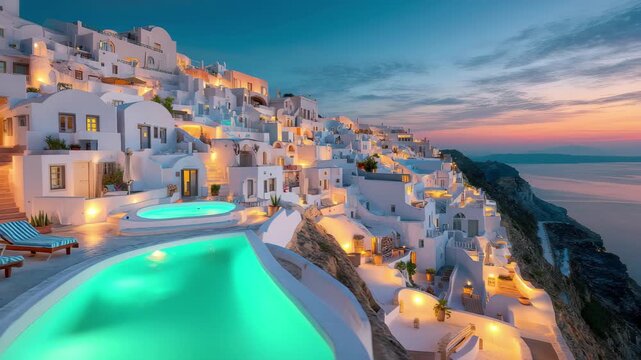 Luxury white villas with infinity pool overlooking the sea at dusk architecture building