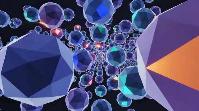 Futuristic 3D crystal geometric pattern with vibrant colors, light reflections, and dynamic shapes creating a captivating digital visual.