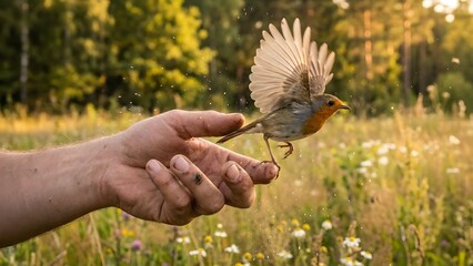 Hand Releasing Bird in Natural Setting.