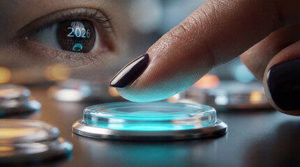 Macro close-up of a female eye reflecting 2026 and a finger touching a glowing futuristic interface button. Concept of future vision, digital security and technological innovation.