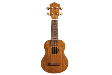 Obraz premium Ukulele musical instrument with wooden body and strings, standing vertically on a transparent background