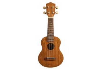 Ukulele musical instrument with wooden body and strings, standing vertically on a transparent background
