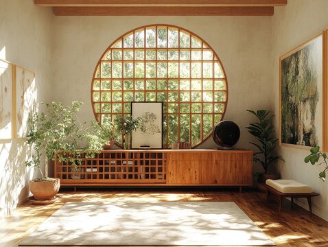 A bright, minimalist interior with round window and wooden console table with plants. Use for depicting zen living, natural light, or interior design concepts.