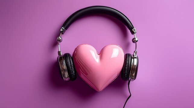 Headphones with love in heart shape, enjoying music alone, or sharing