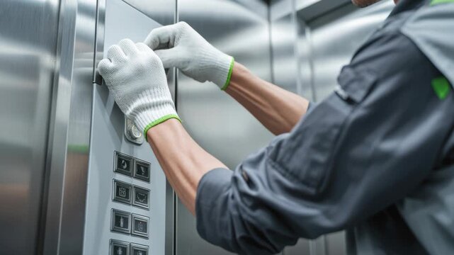 Technician fixing Elevator. Lift machinist man repairing elevator fixing or adjusting mechanism. Engineer investigate work of passenger lift. Installation with expertise. Maintenance service