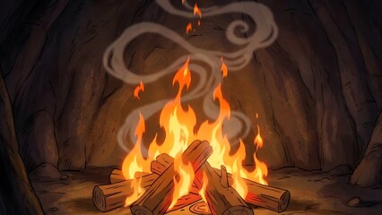 Cozy Campfire with Flickering Flames in a Cave.