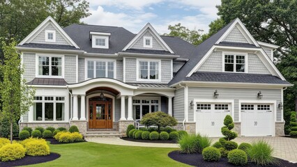 Elegant gray suburban house with manicured landscaping a spacious two-car garage and a welcoming entrance perfect for real estate listings and home decor concepts