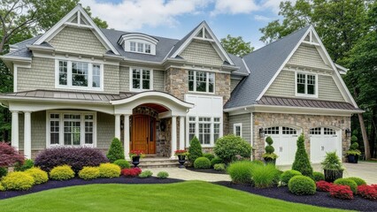 Luxury suburban house with manicured landscaping a grand entrance with stone accents and a well-maintained lawn perfect for real estate listings