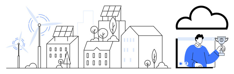 Sustainable city featuring solar panels, wind turbines, eco-friendly buildings and cloud connectivity. Ideal for renewable energy, smart cities, eco-tech, green living, environmental policies
