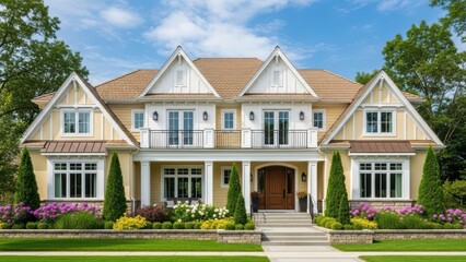Suburban luxury home with manicured landscaping a classic American architectural style perfect for real estate listings and lifestyle concepts