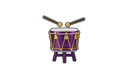 Vibrant Purple Drum Adorned with Golden Accents and Drumsticks Isolated on Transparent Background Capturing Musical Essence