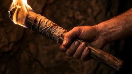 Two Hands Grasping a Wooden Stick in a Primitive Setting.