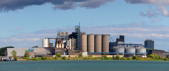 Panoramic view of Agri-Industries facility in Windsor, Ontario, that serves as a hub for processing and handling grains and oilseeds like corn, soybeans, and canola