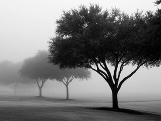 Foggy field with a line of trees the closest standing out silhouetted against the mist
