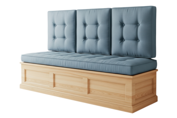Wooden storage bench with a blue button tufted cushion seat isolated on transparent background