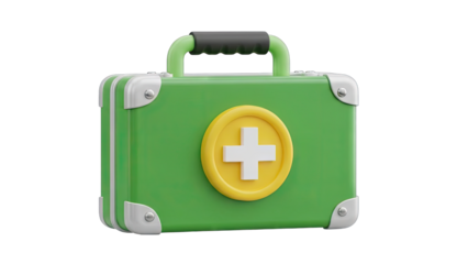 Vibrant Green 3D First Aid Kit with White Cross Symbol on Yellow Circle Isolated on Transparent Background Realistic Medical Symbol for Emergency Healthcare and Safety Awareness