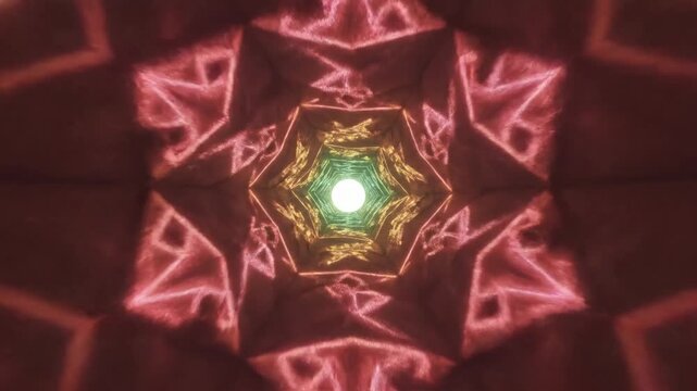 A captivating sequence of swirling kaleidoscopic light tunnels adorned with vivid neon hues and dynamic geometric patterns for captivating visual effects.