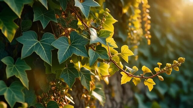 Close-up of a flowering plant with green leaves and yellow buds growing on a wall in warm sunlight with a shallow depth of field.