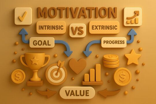 A 3D diagram showing intrinsic vs extrinsic motivation categories, reward icons, progress bars, goal arrows, and value markers. Layered shape and warm color gradient clarify what drives human behavior