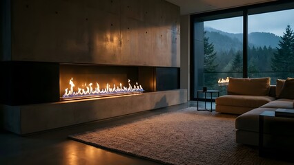 Modern Living Room with Fireplace and Scenic View.