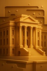 Obraz premium A monumental civic building illustrated in deep layers, emphasizing grand columns, broad staircases, and symmetrical façades. Ambient highlights reveal form, while inset shadows add gravitas.