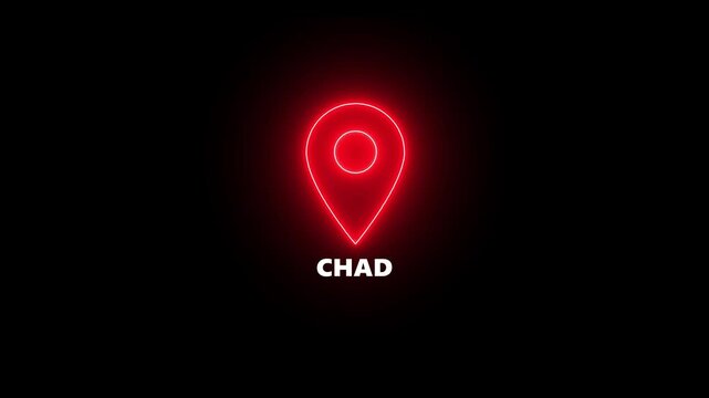Red Neon Location Pin Icon with the Word Chad on a Black Background marker navigation