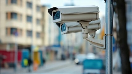 Vigilance: A pair of modern security cameras mounted on a pole observe the urban landscape. capturing the essence of vigilance and surveillance - Powered by Adobe